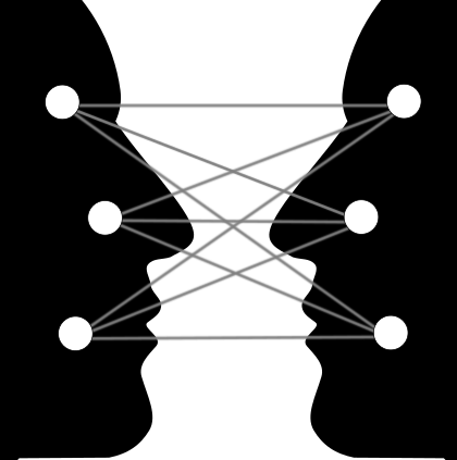 Silhouettes of two faces, with a complete bipartite graph overlaid